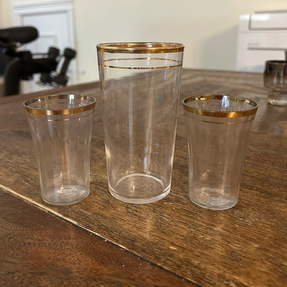 One MCM Libbey Double Gold Gilt Banded Tumbler & Two Fluted Gold Trim Shot Glass